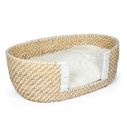 AnimalstoreXL Duvoplus - Boho Rieten Instapmand en Kussen - S 58x34x21cm Beige/Wit