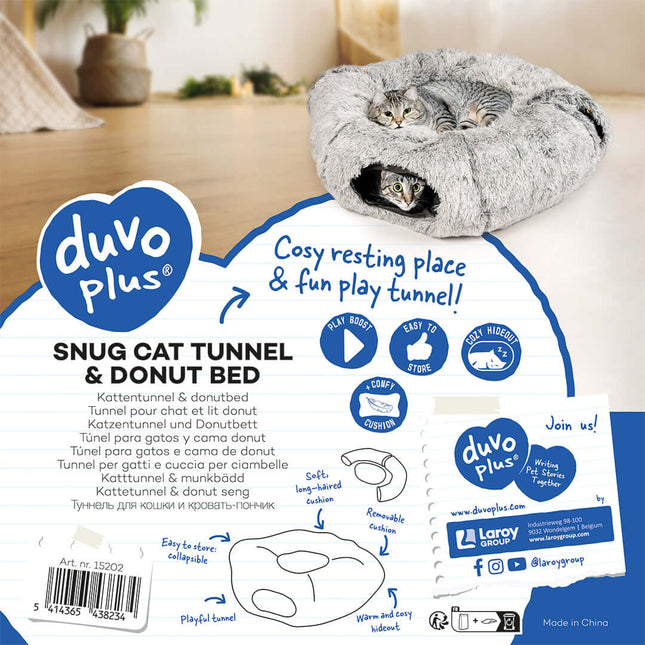 AnimalstoreXL Duvoplus - Snug Kattentunnel en Donutbed - 80x80x25cm Lichtgrijs