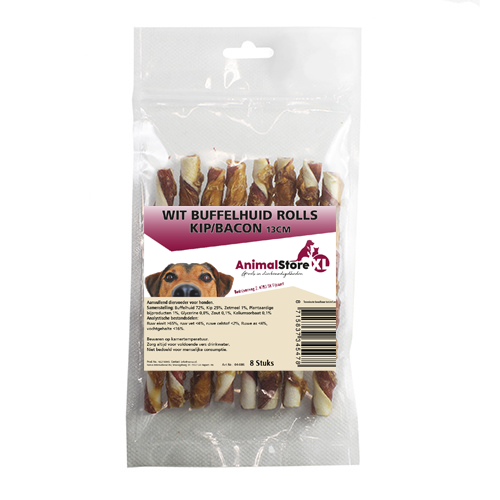 AnimalstoreXL Buffelhuid rolls kip en bacon 13cm 8 stuks