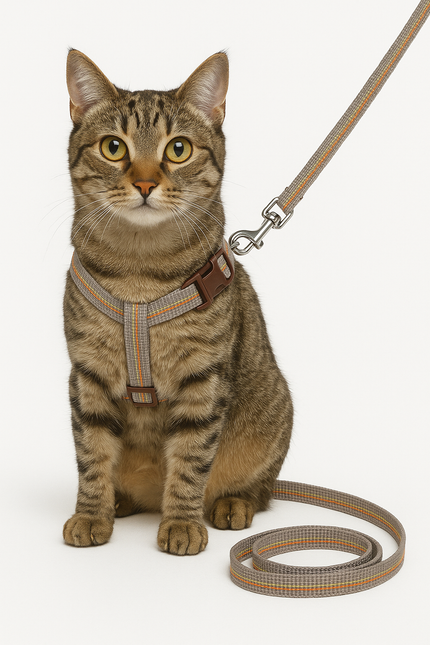 Kattentuig met lijn Nylon Mocca met Stiksel - Blauw met Stiksel