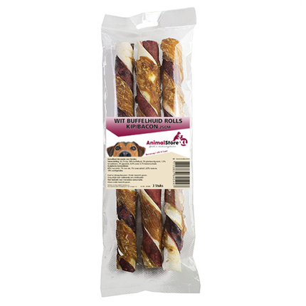 AnimalstoreXL Buffelhuid rolls kip en bacon 25cm 3 stuks