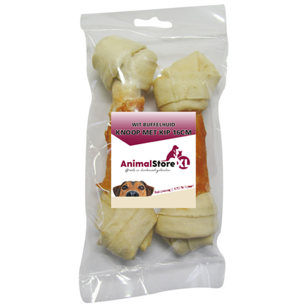 AnimalstoreXL Buffelhuid knoop met kip 16cm 2 stuks